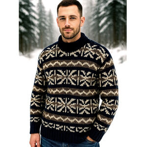 Huckberry Vintage S Hand Knit 100% Wool Ski Sweater Snowflake Chunky Fair Isle